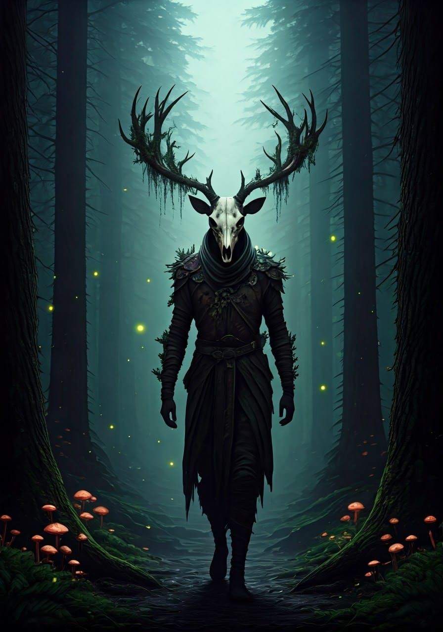 Wendigo in Mist-Shrouded Forest, Dark Fantasy Art