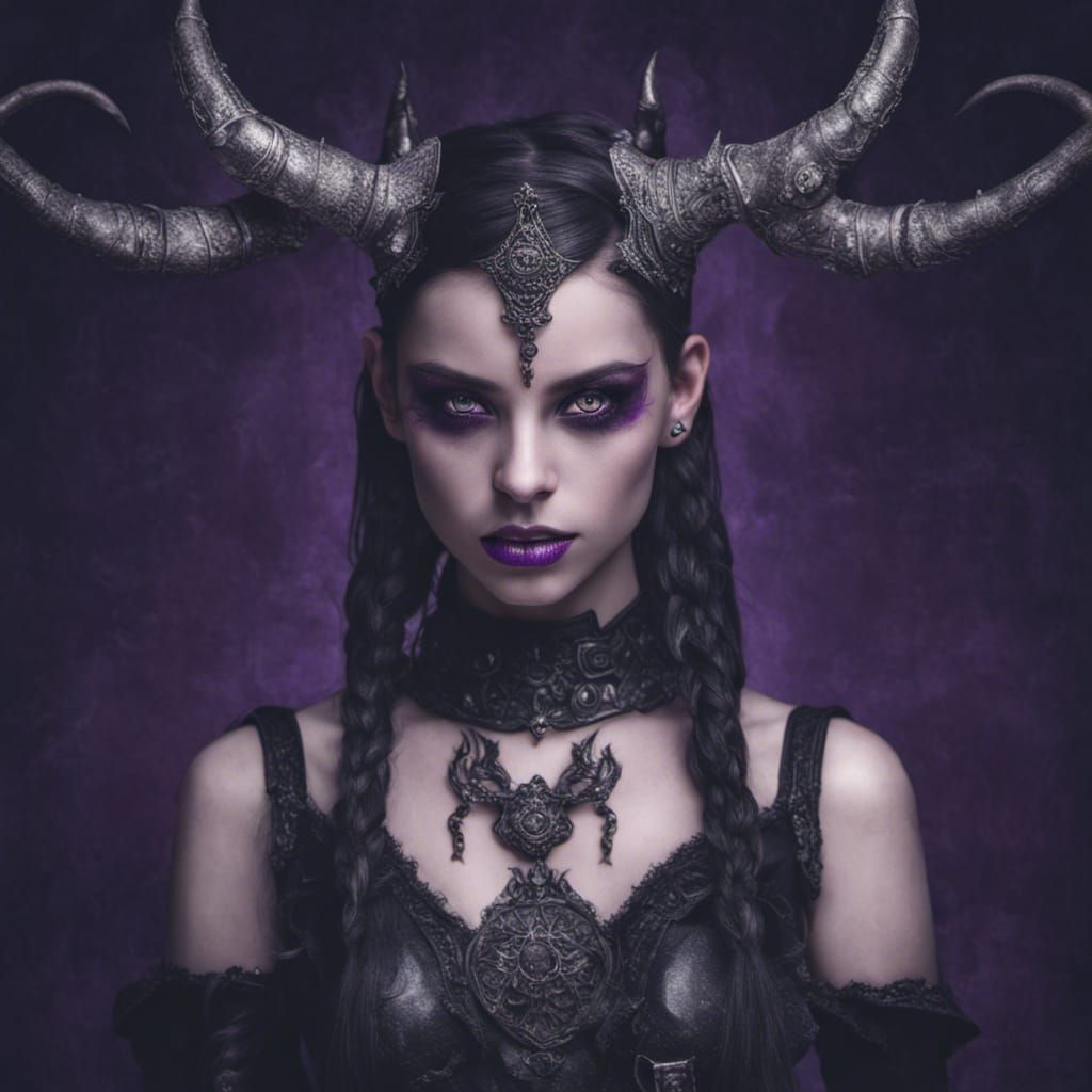 Hyperrealistic Goth Girl with Horns and Purple Eyes