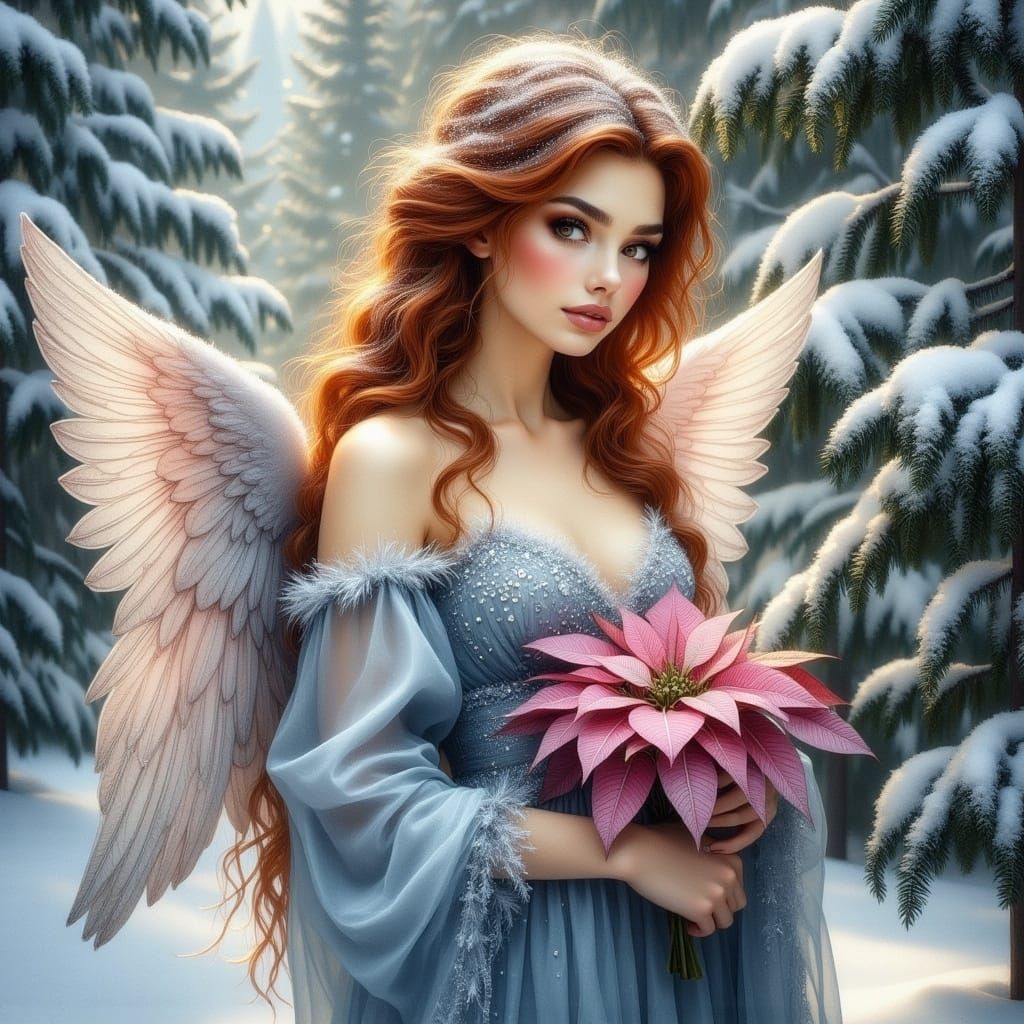 Angelic Figure with Poinsettia in Oil Painting Style