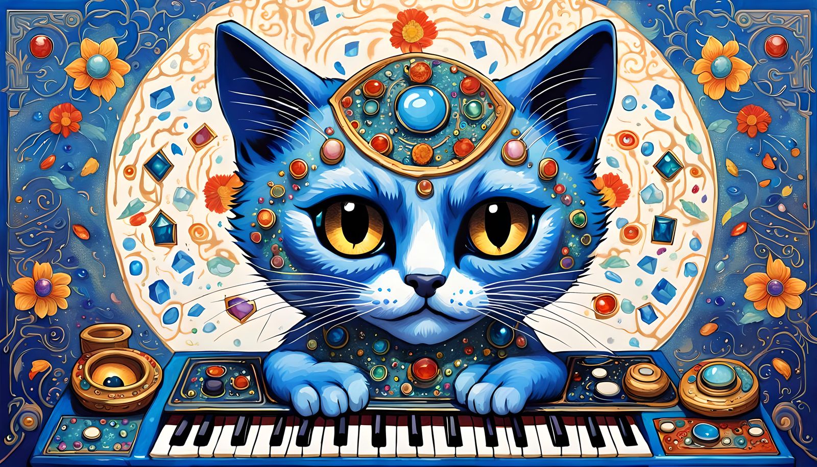Siamese Cat Plays Synth in Louis Wain Style