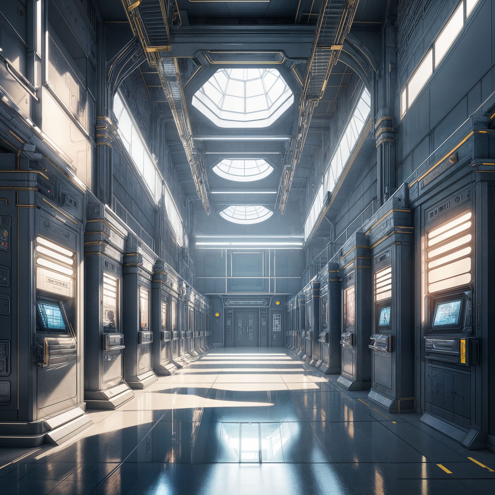 Surreal Futuristic College Hallway in Cyberpunk Aesthetic