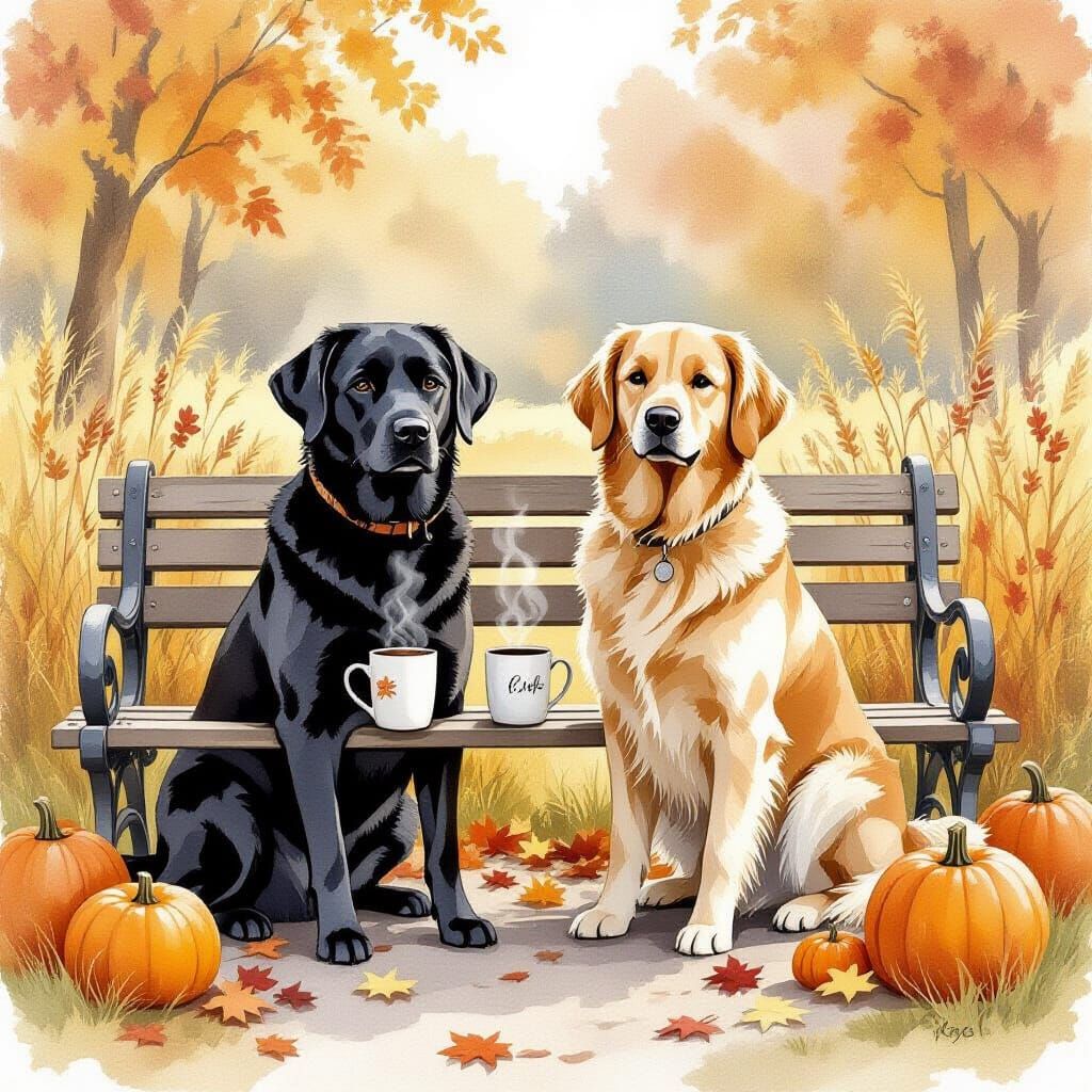 Labrador and Golden Retriever on Autumn Bench