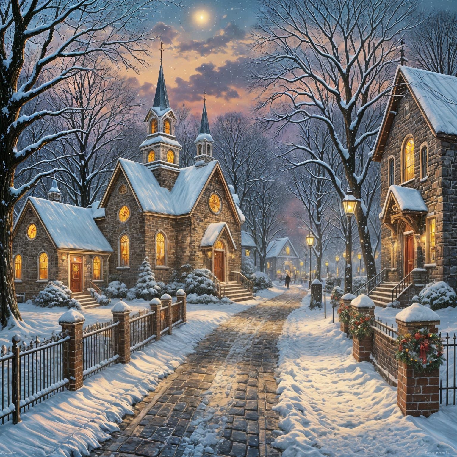 Christmas Luminaries on Snowy Path to Church