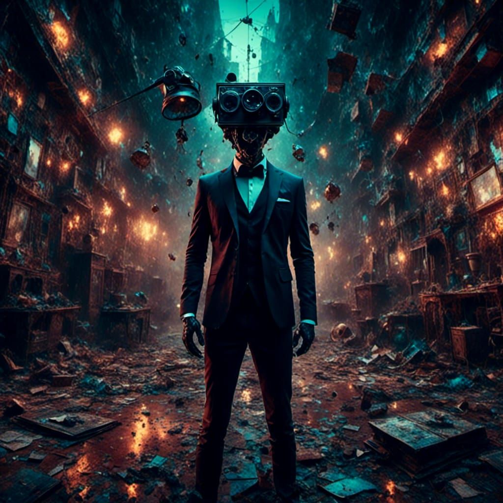 CCTV Camera Head Man in Tuxedo, Macabre Art