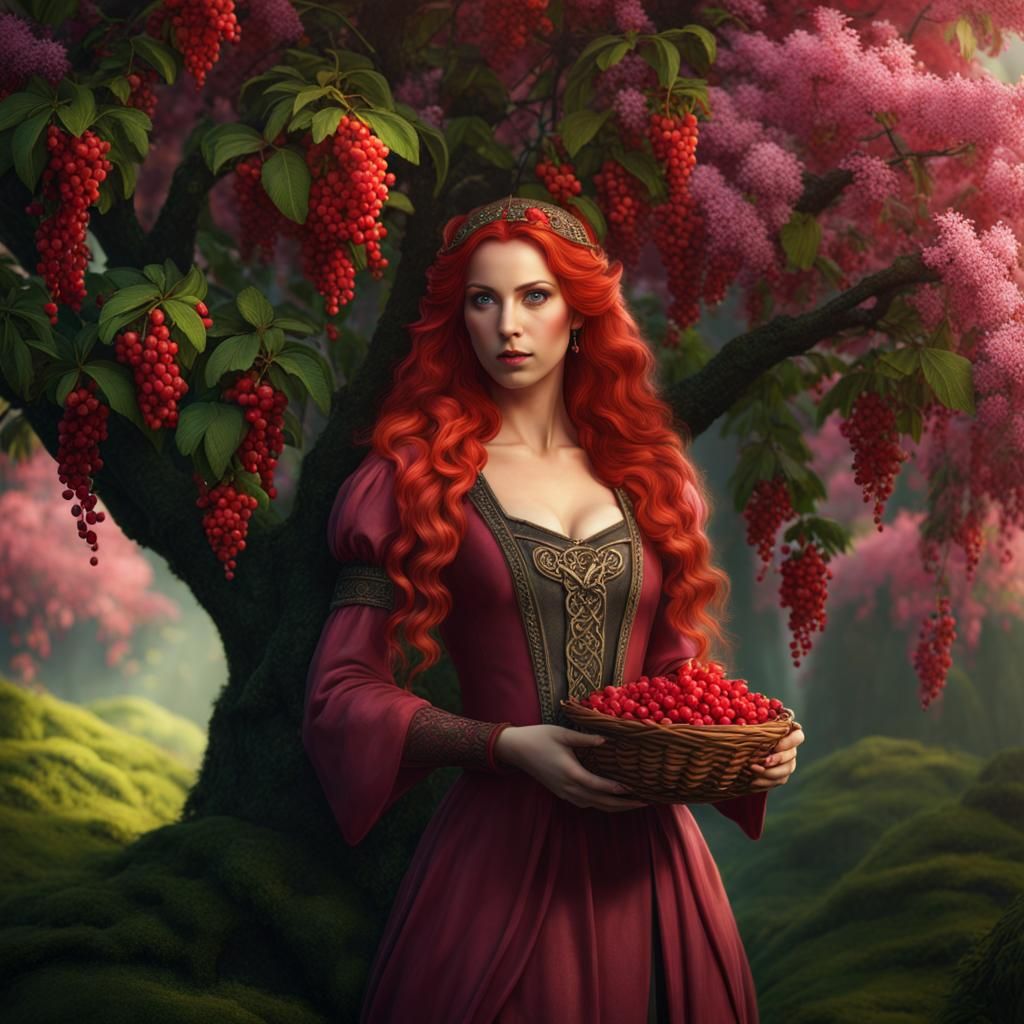 Celtic Woman Picking Berries, Detailed Matte Painting