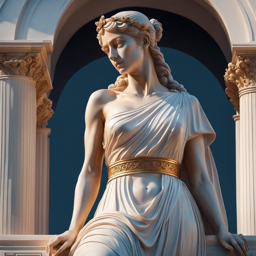 Marble Statue of Sad Woman in Art Nouveau Style