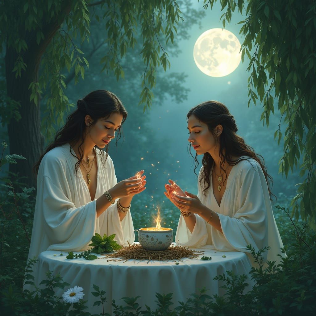 Mystical Moonlit Druids Tending an Enchanted Grove in Dreamy...
