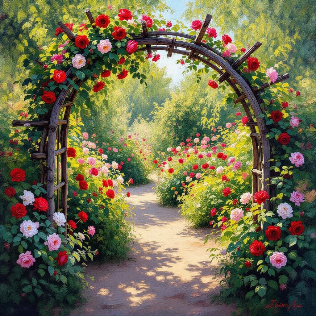 Enchanted Wild Rose Garden Arch in Oil Painting Style