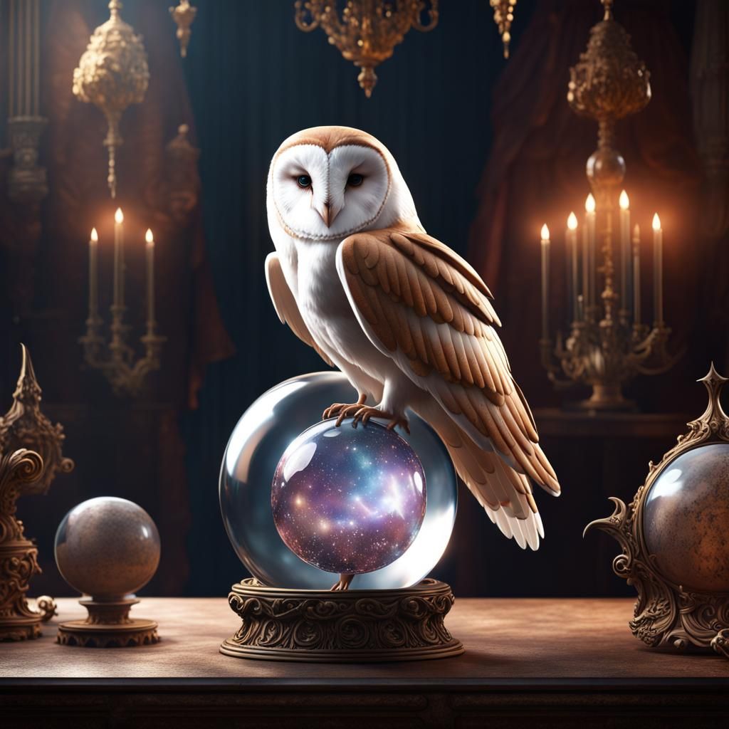 Horned Barn Owl on Crystal Ball: Fantasy Art