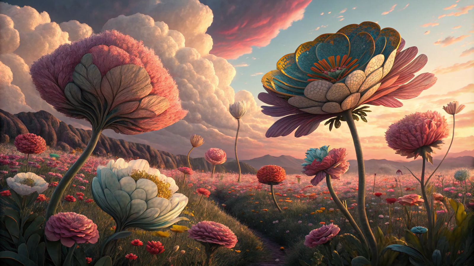 Paper Flowers Bloom Under Plum Sky: Digital Art