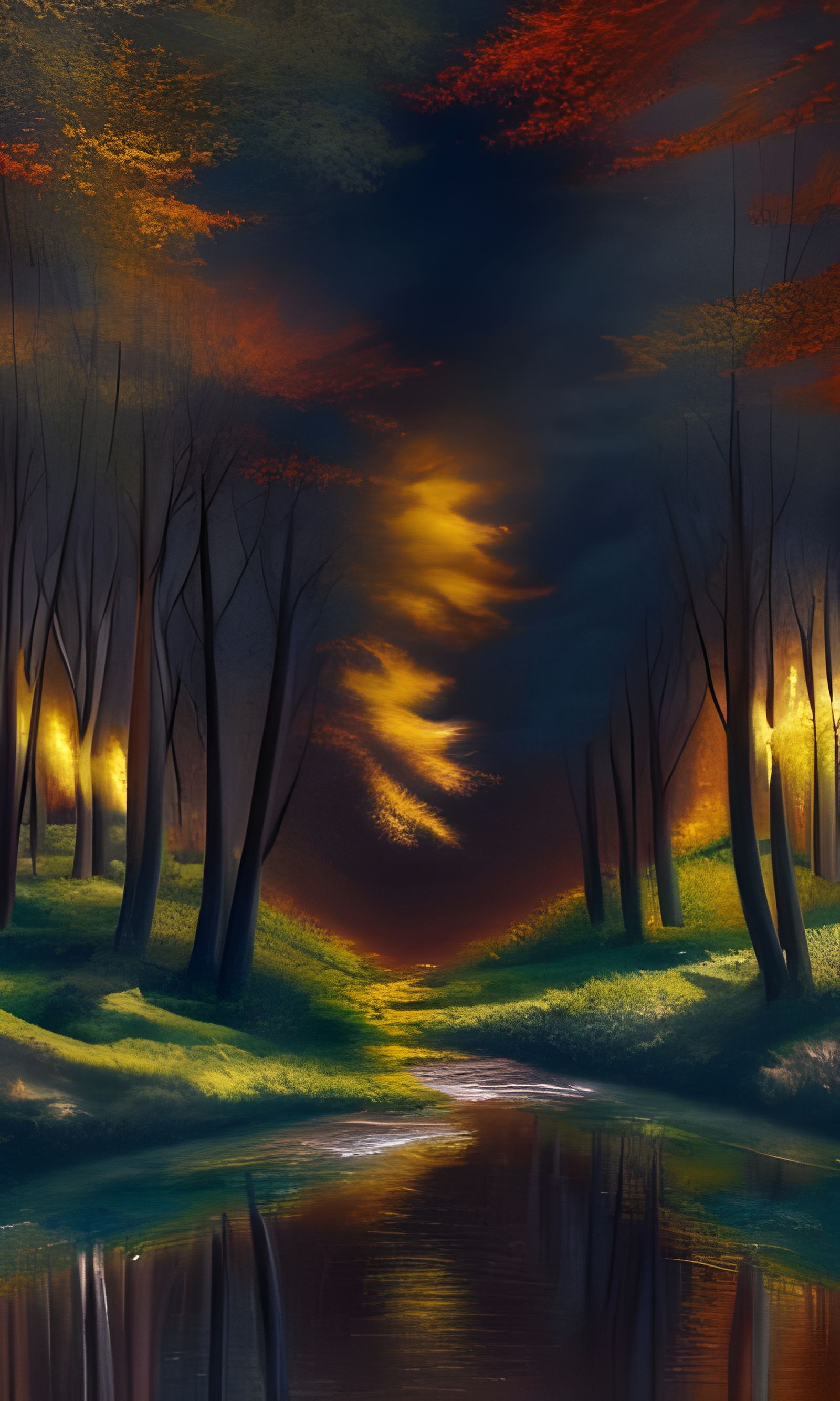 Gold Forest River Landscape in Impasto Style