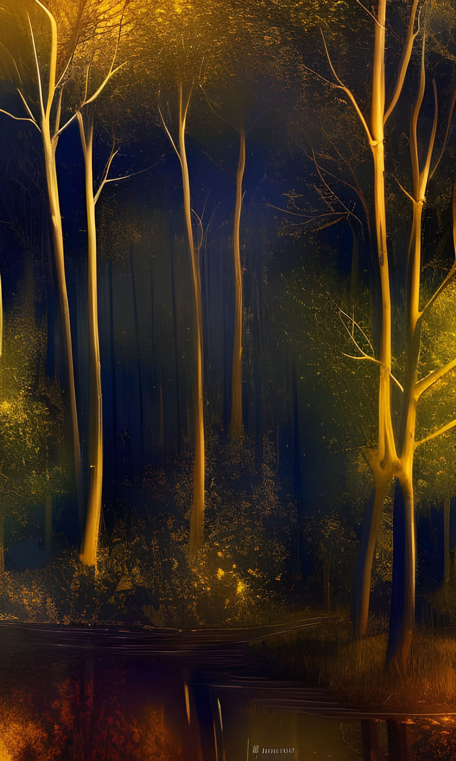 Gold Forest River: Impasto Painting with 3D Texture