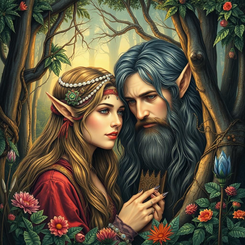 Elven Couple Portrait in Detailed Forest, Surreal Illustrati...