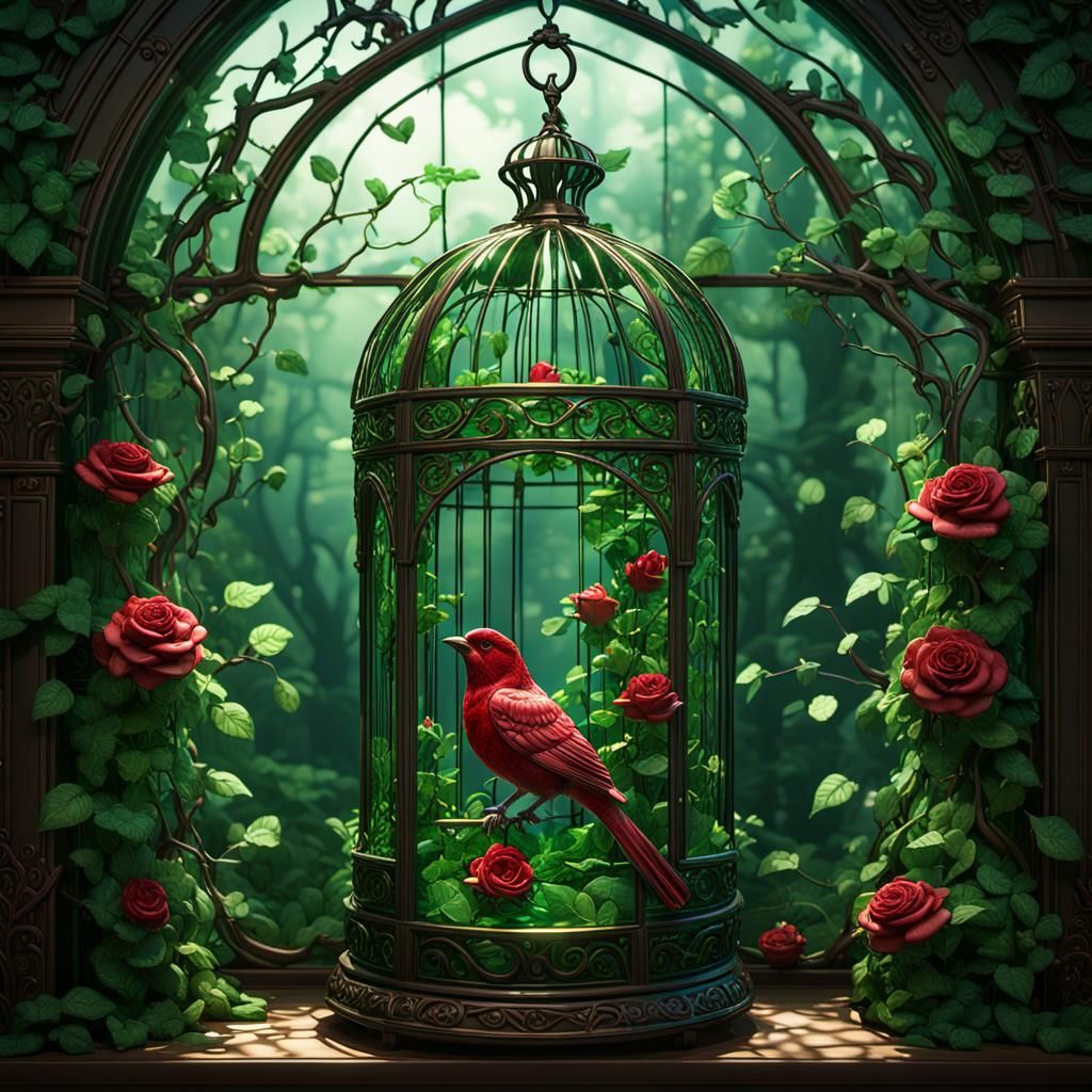 Glass Bird in Cage with Forest View