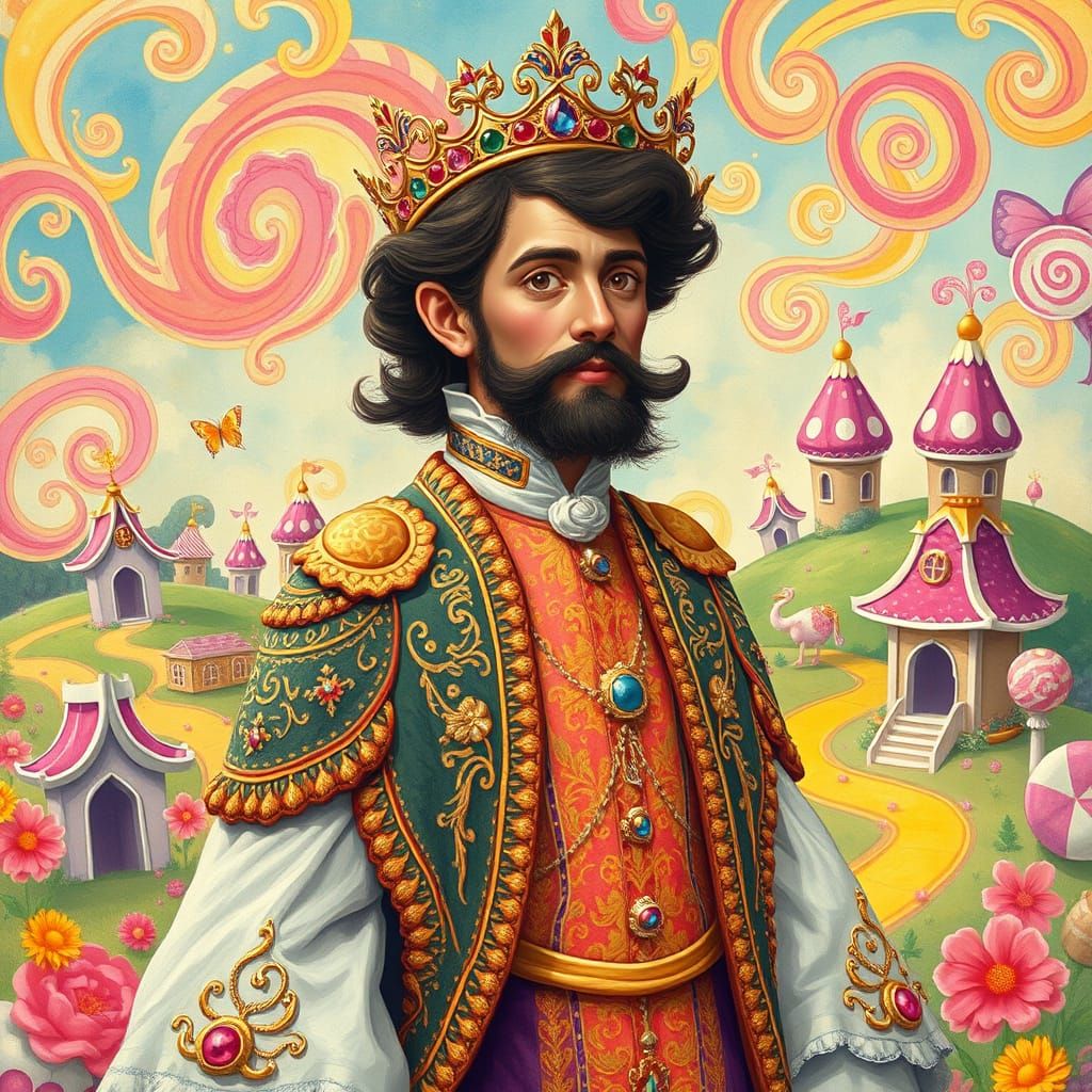 Regal Figure in Candyland Fantasy: Gouache Style