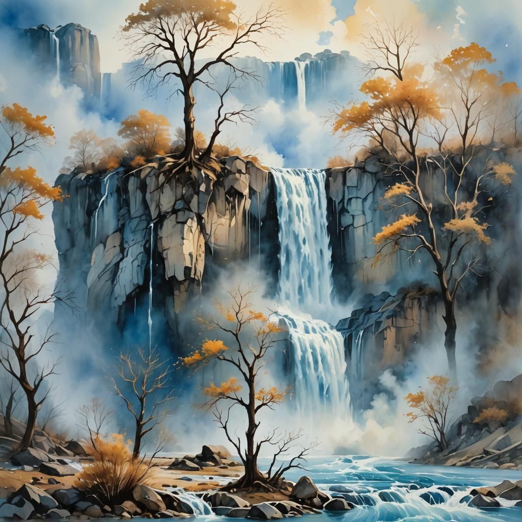 Surreal Waterfall Flooding Barren Landscape in Watercolor St...