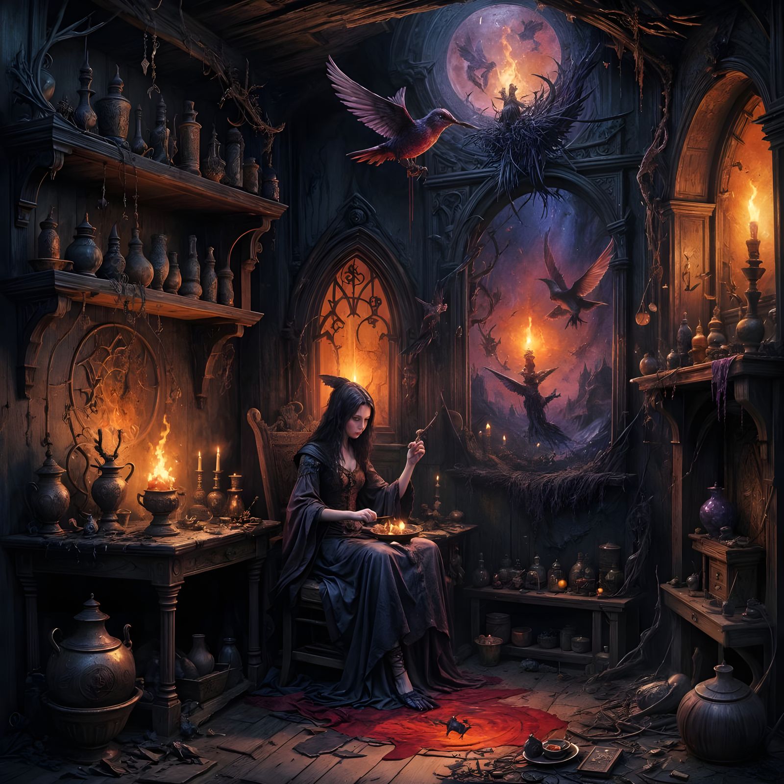 Mysterious Dark Sorceress Brews Potion in Haunted Cottage