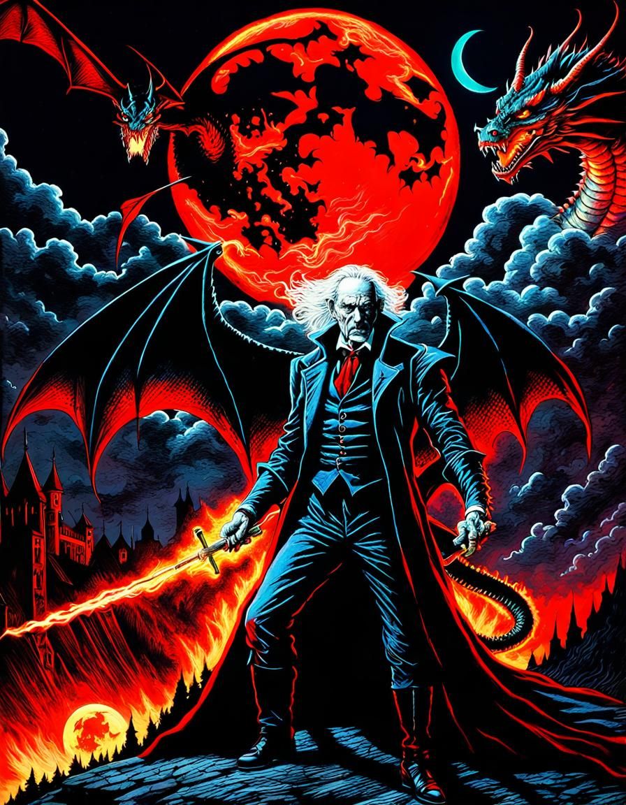 Dragon and Dracula Battle in Wrightson Art Style