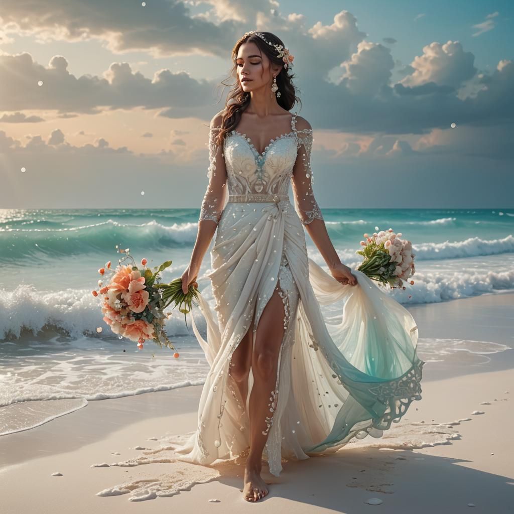 Barefoot Bride on Beach in Fantasy Illustration