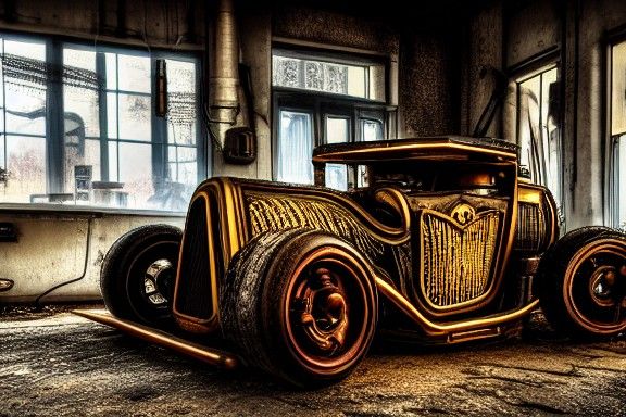 Steampunk Hotrod in Urbex Garage with Sunrays