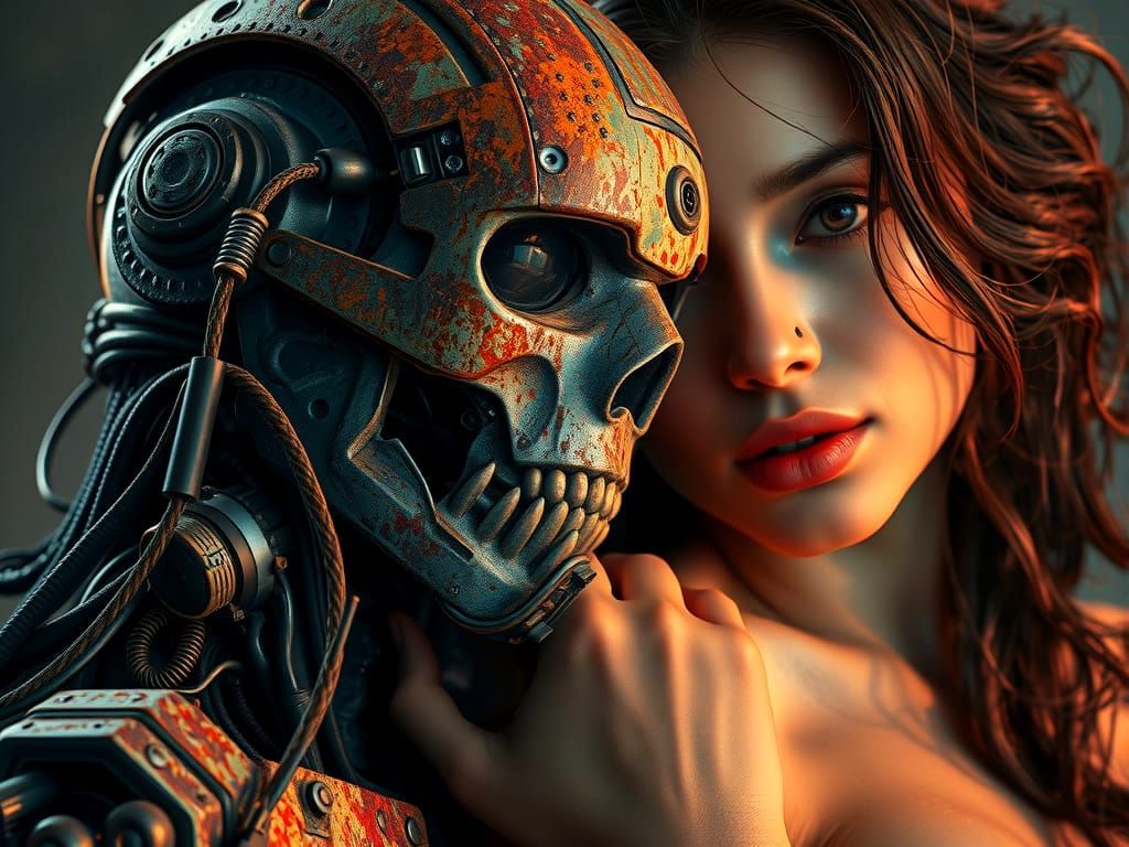 Dystopic Cyborg Resting Beside Woman