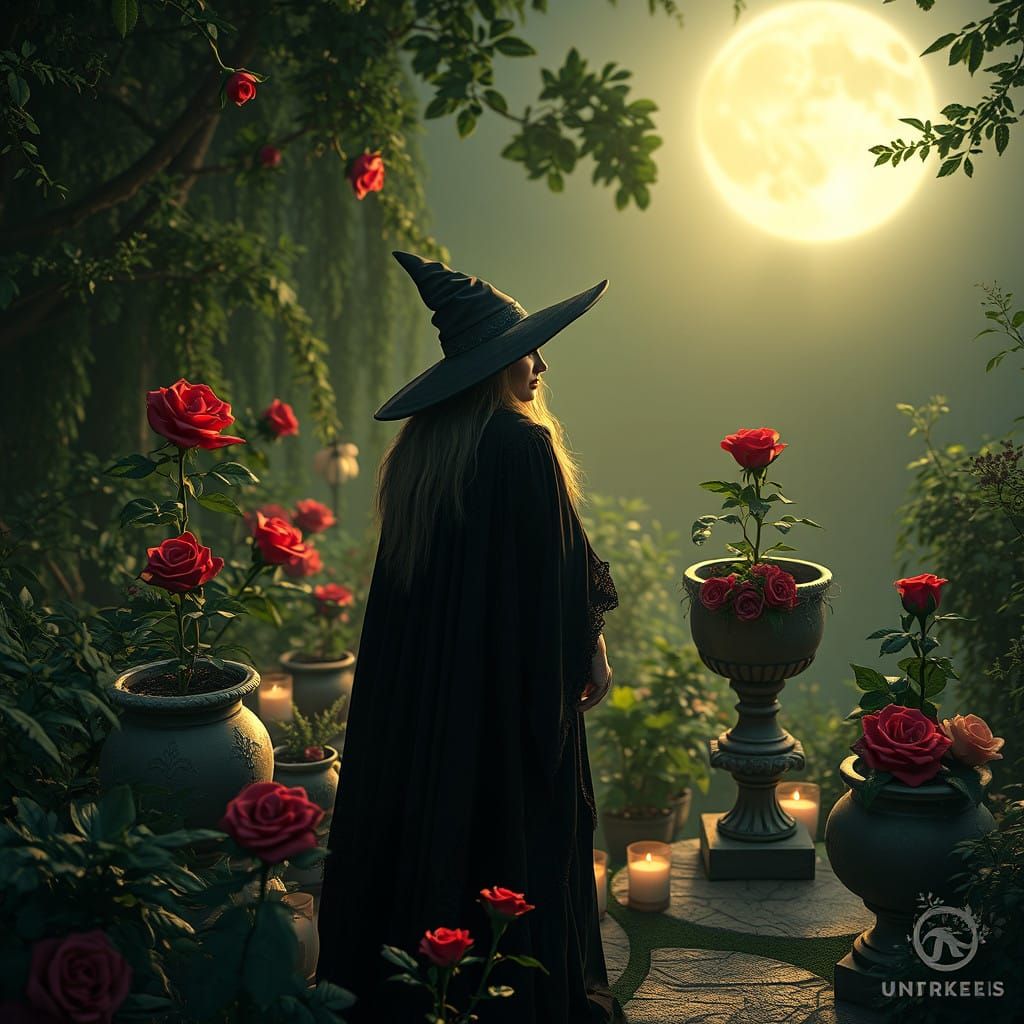 Mystical Witch in Enchanted Garden, Da Vinci Inspired