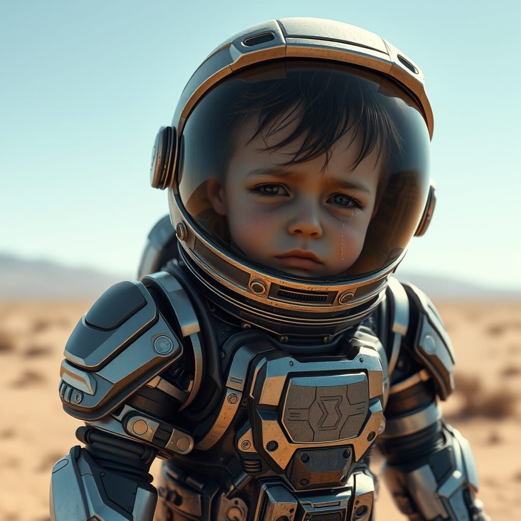 Futuristic Child Astronaut Overwhelmed in Desert Landscape