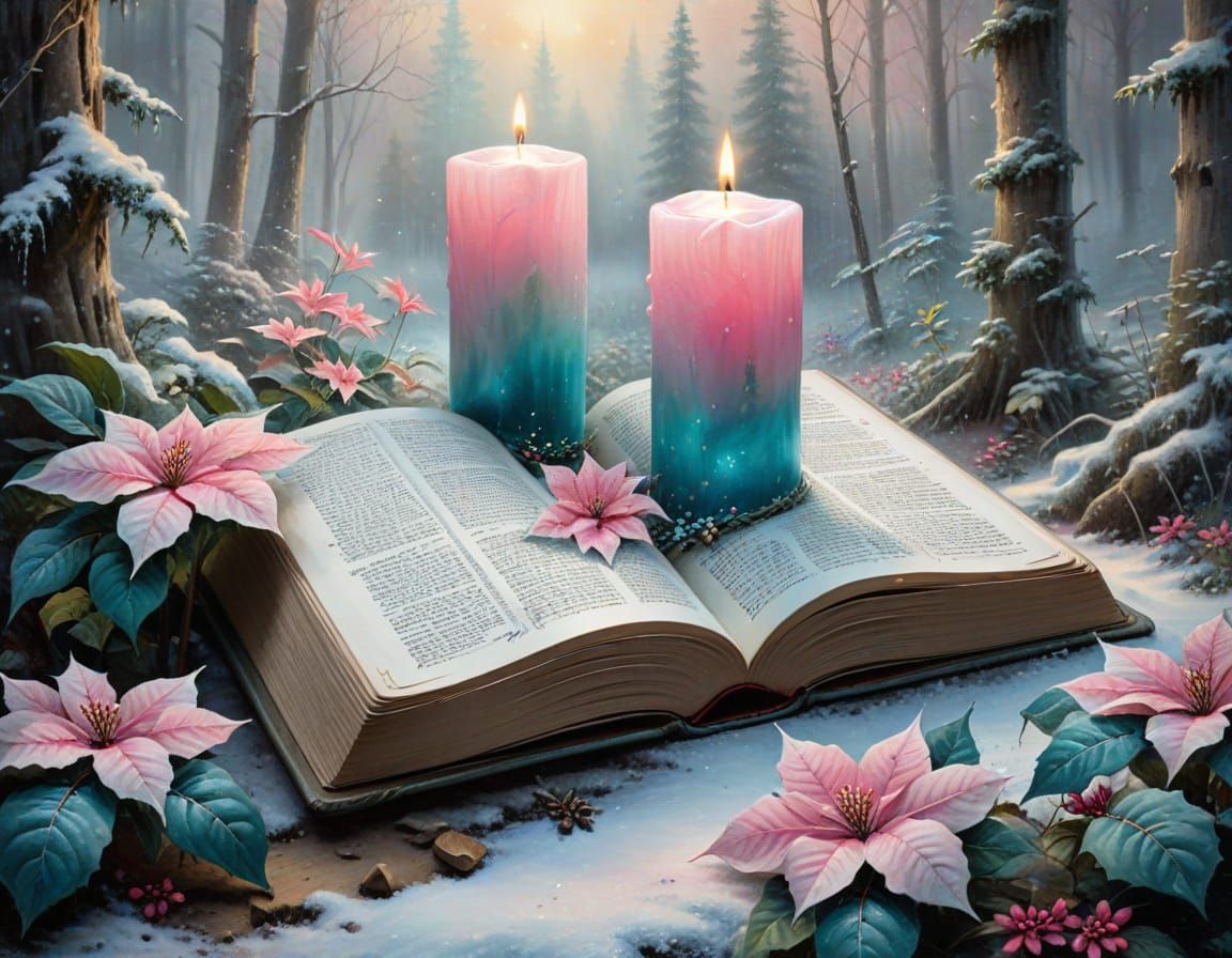 Candles and Bible in Snowy Forest, Watercolour Style