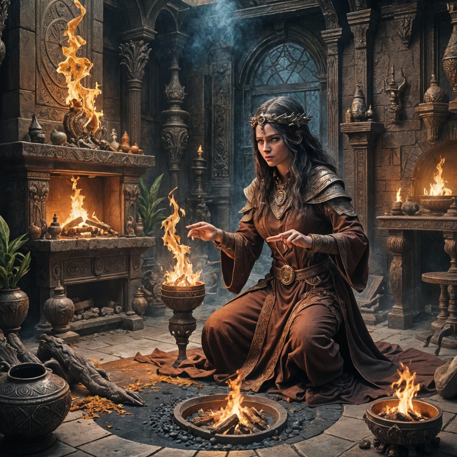 Sorceress Summons Fire Elemental: Fantasy Concept Art