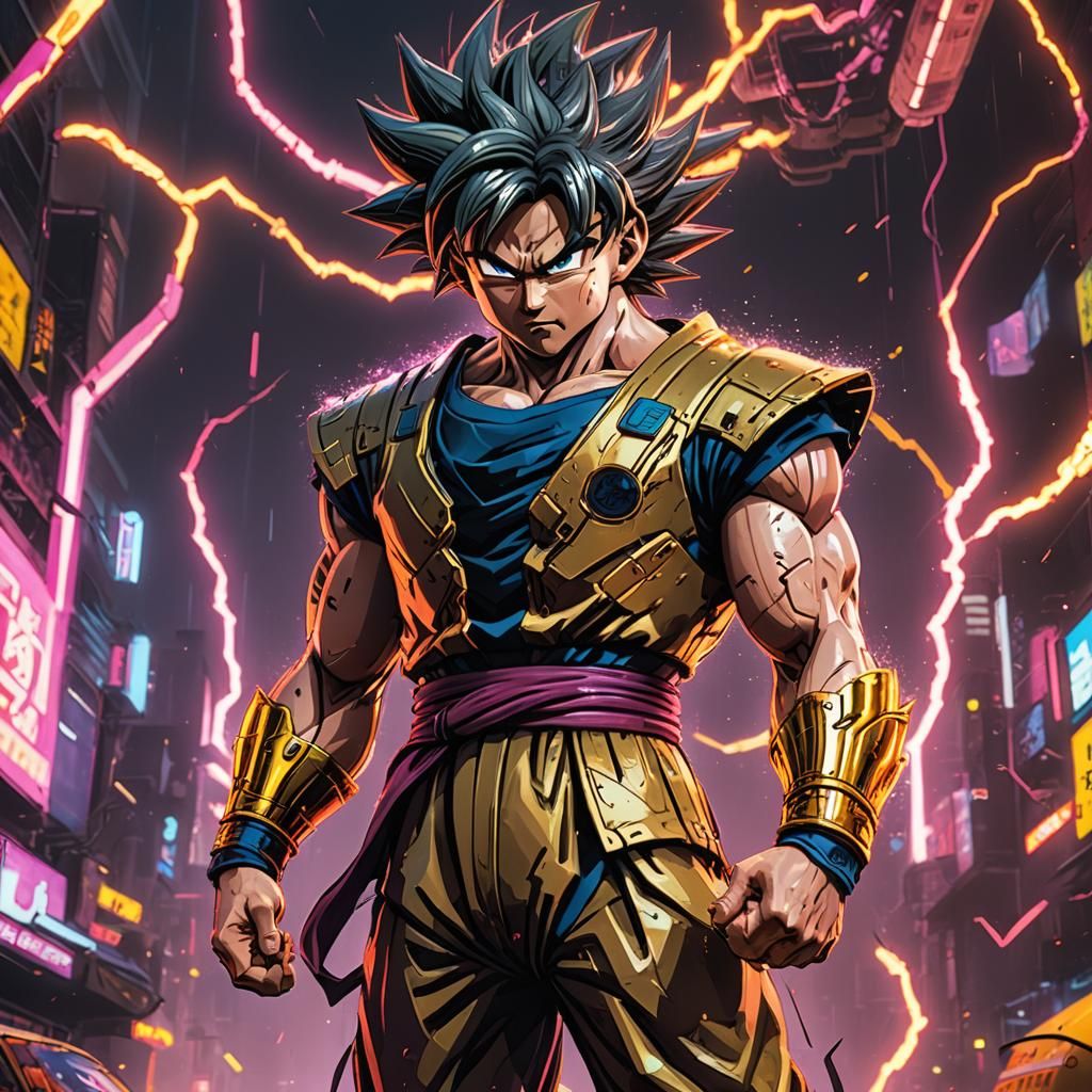 Goku Figurine on Golden Base in Cyberpunk Style