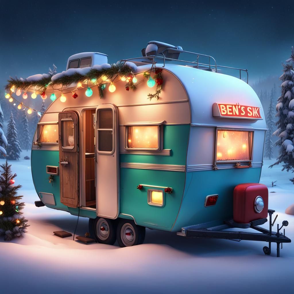 Cozy Retro Camper Van in Winter Landscape