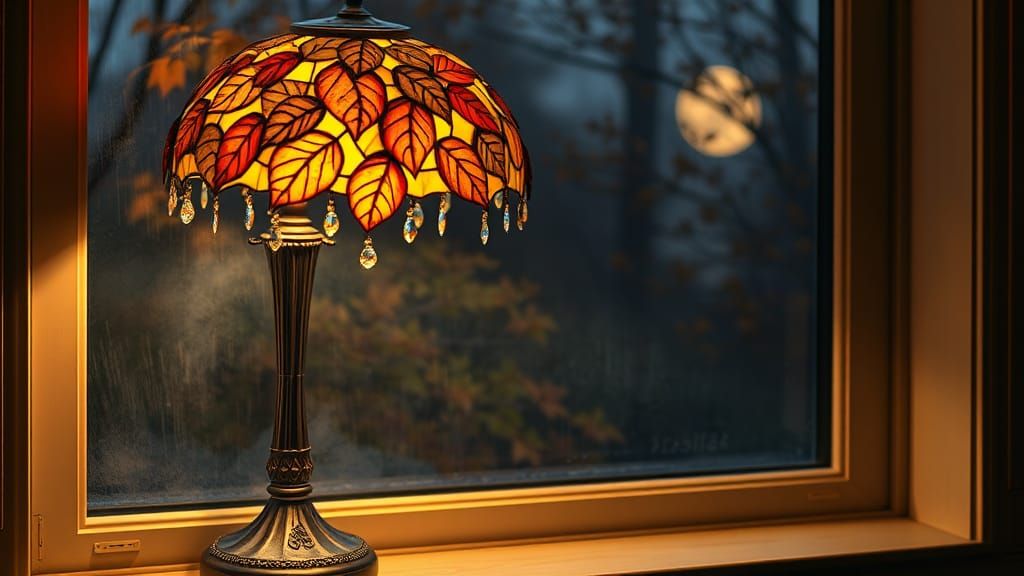 Autumnal Tiffany Lamp with Art Deco Rhinestone Details