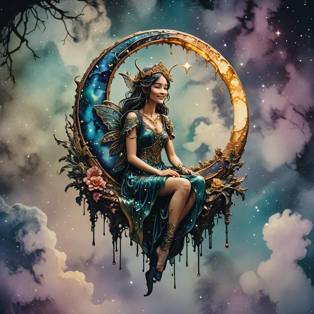 Fairy in Crescent Moon with Alcohol Ink