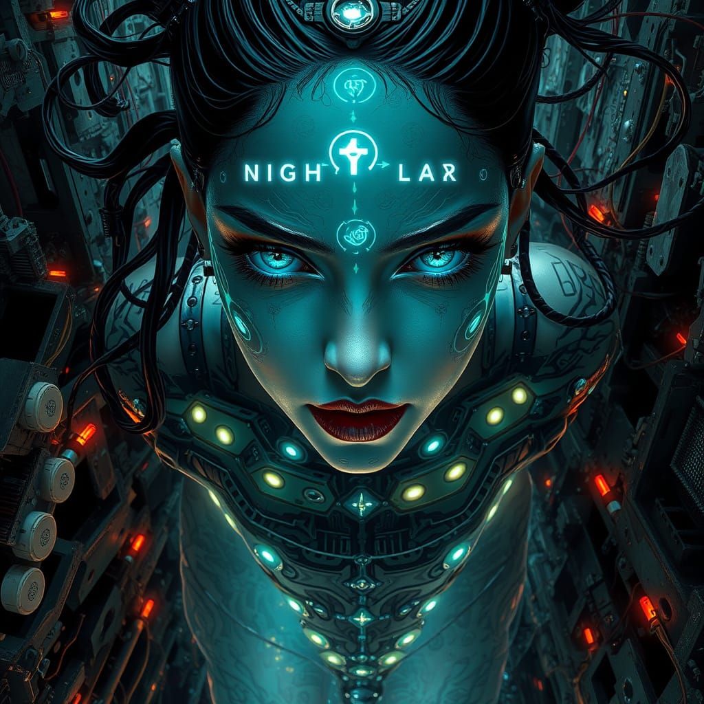 Punk-Goth Cyborg in Circuit Board Cathedral