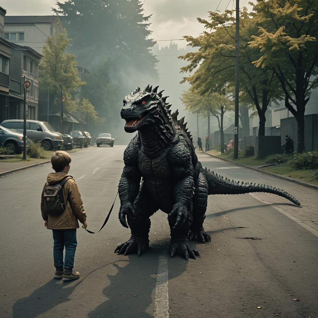 Godzilla on Leash: Cinematic Film Still