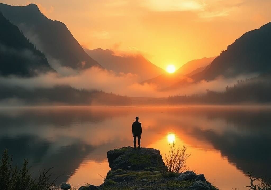 Lone Figure at Lake Dusk, Ethereal Digital Art