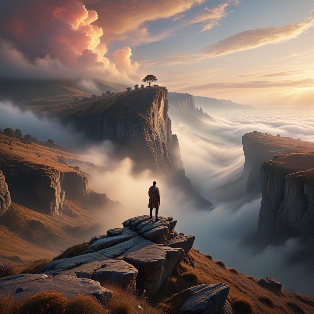 Ethereal Sunrise Masterpiece: Lone Figure on Cliff's Edge