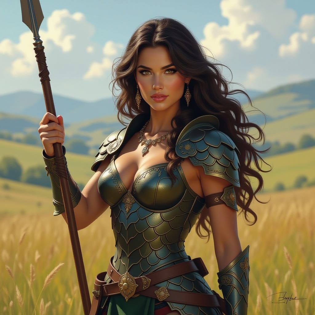 Warrior Woman with Javelin in Romantic Style
