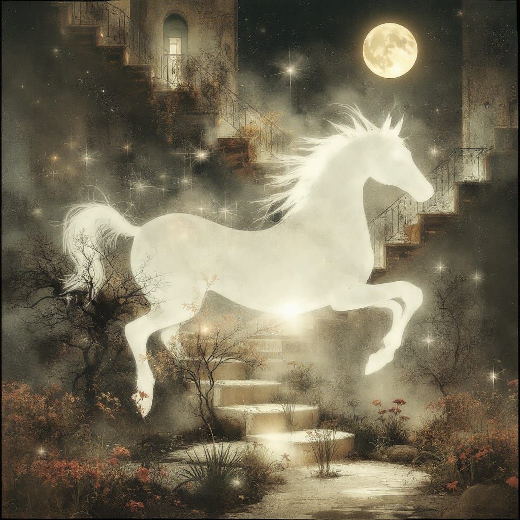 Girl Fleeing Haunted House by Starlight in Double Exposure