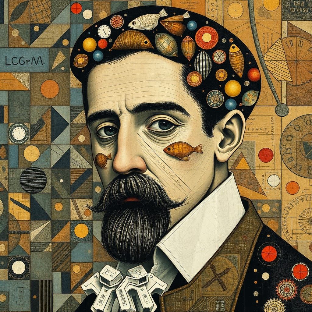 Avant-Garde Fisherman Portrait in Mixed Media Collage