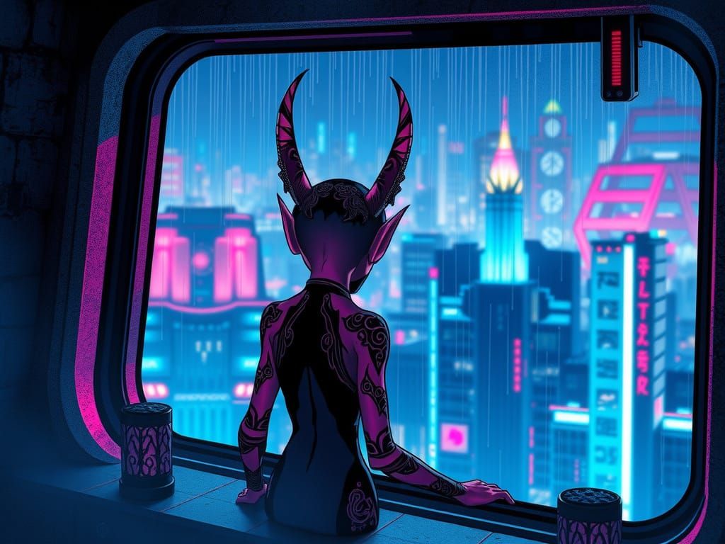 Gelfling Gazes From Holographic Window in Cyberpunk City