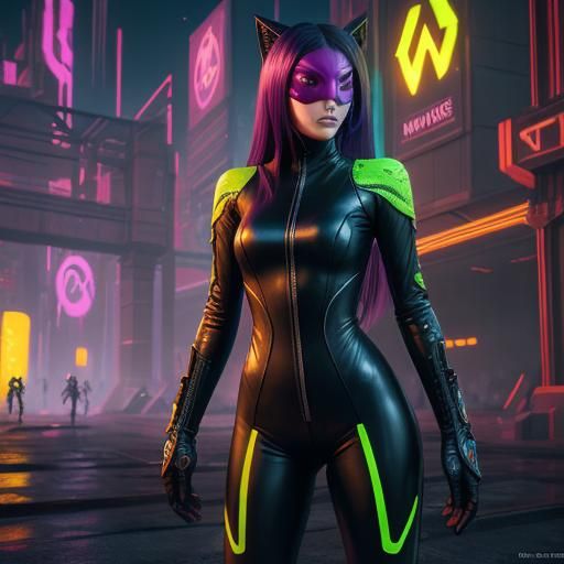 Masked Heroine in Neon Leather Catsuit