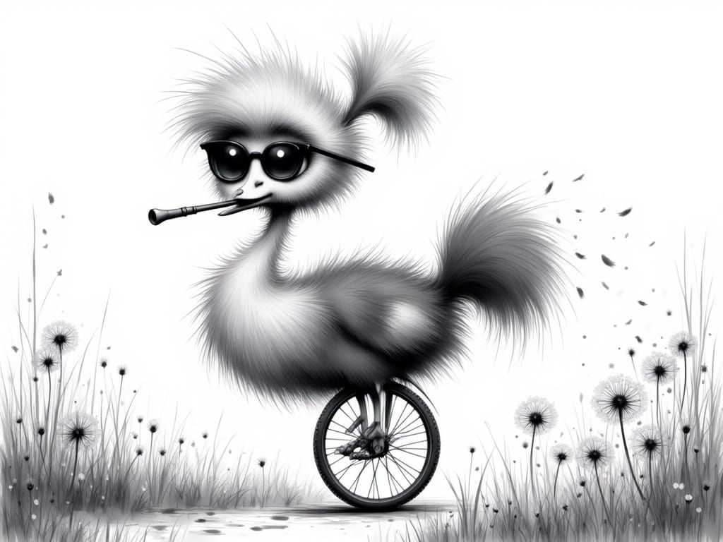 Emu Rides Unicycle in Black and White Illustration