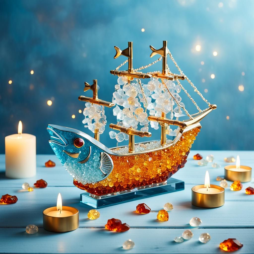 Crystal Ship on Wooden Table with Candles