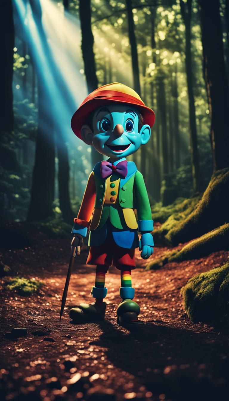Rainbow Pinocchio in Dark Woods: Cinematic Film Still