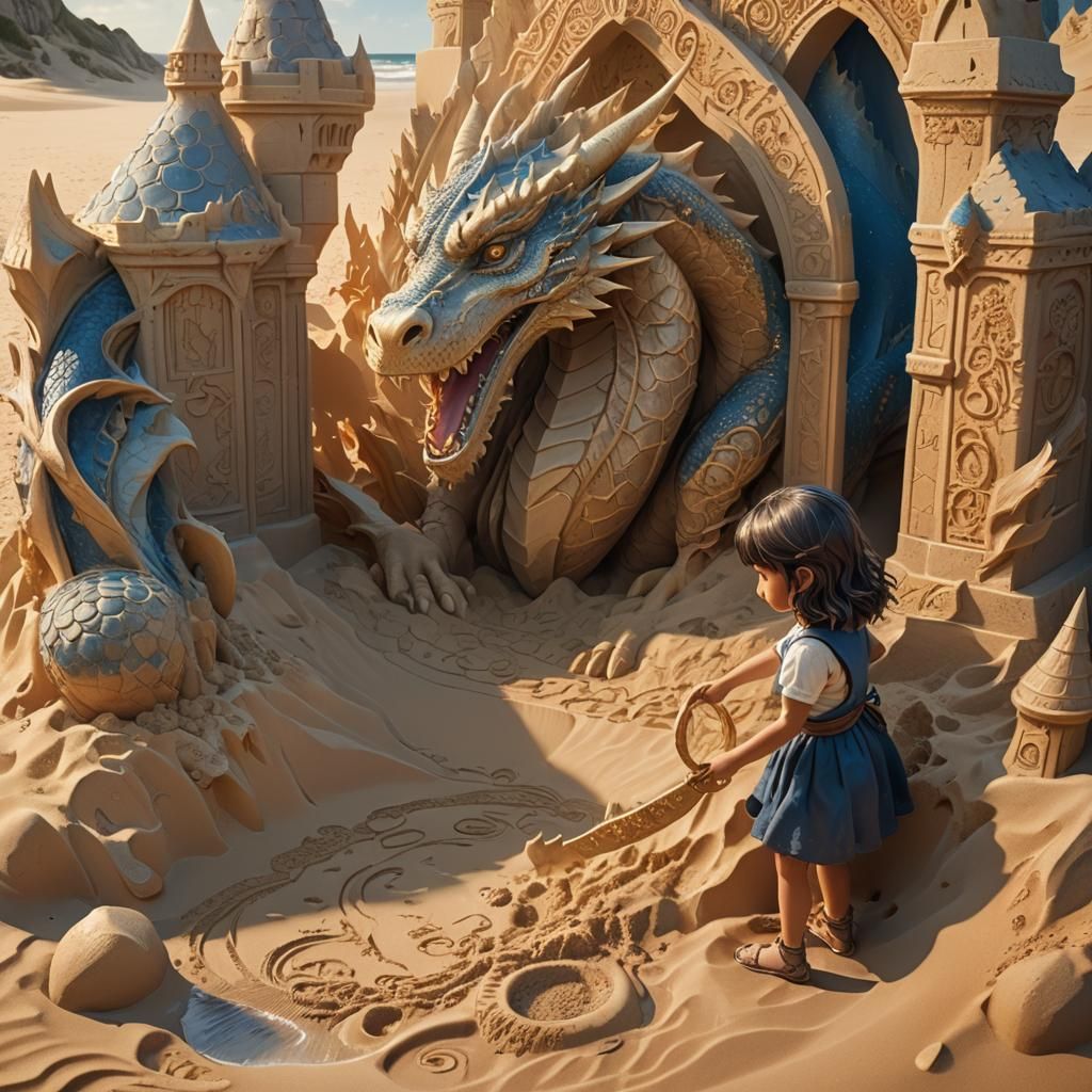 Girl Building Dragon Sandcastle: Fantasy Concept Art