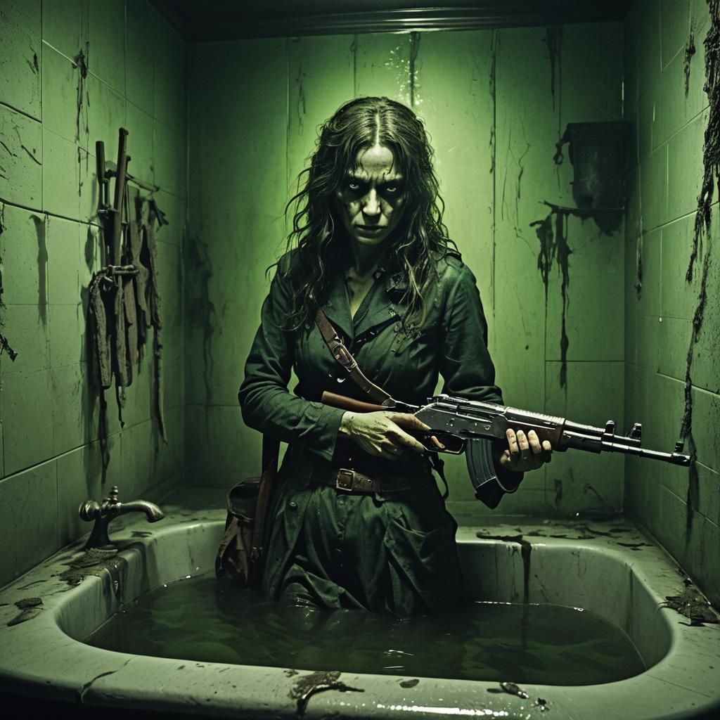 Horror Scene: Woman with AK-47 in Gothic Bathroom