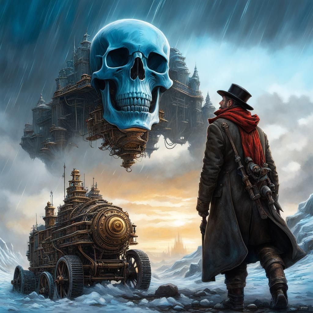 Skull and Machine God Save Winter: 3D Render