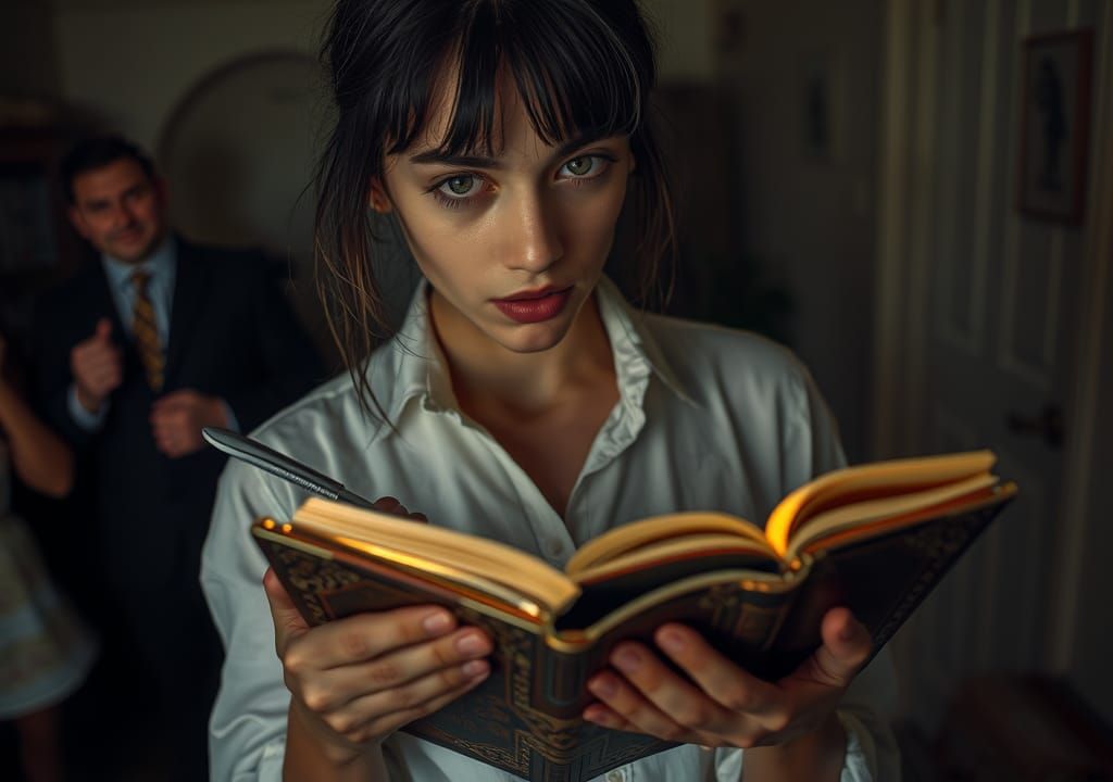 Woman Writes in Glowing Book, Dissolving Reality
