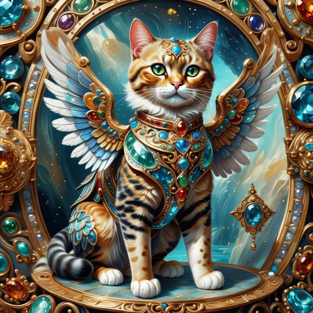 Winged Carousel Cat with Gemstones, Digital Painting